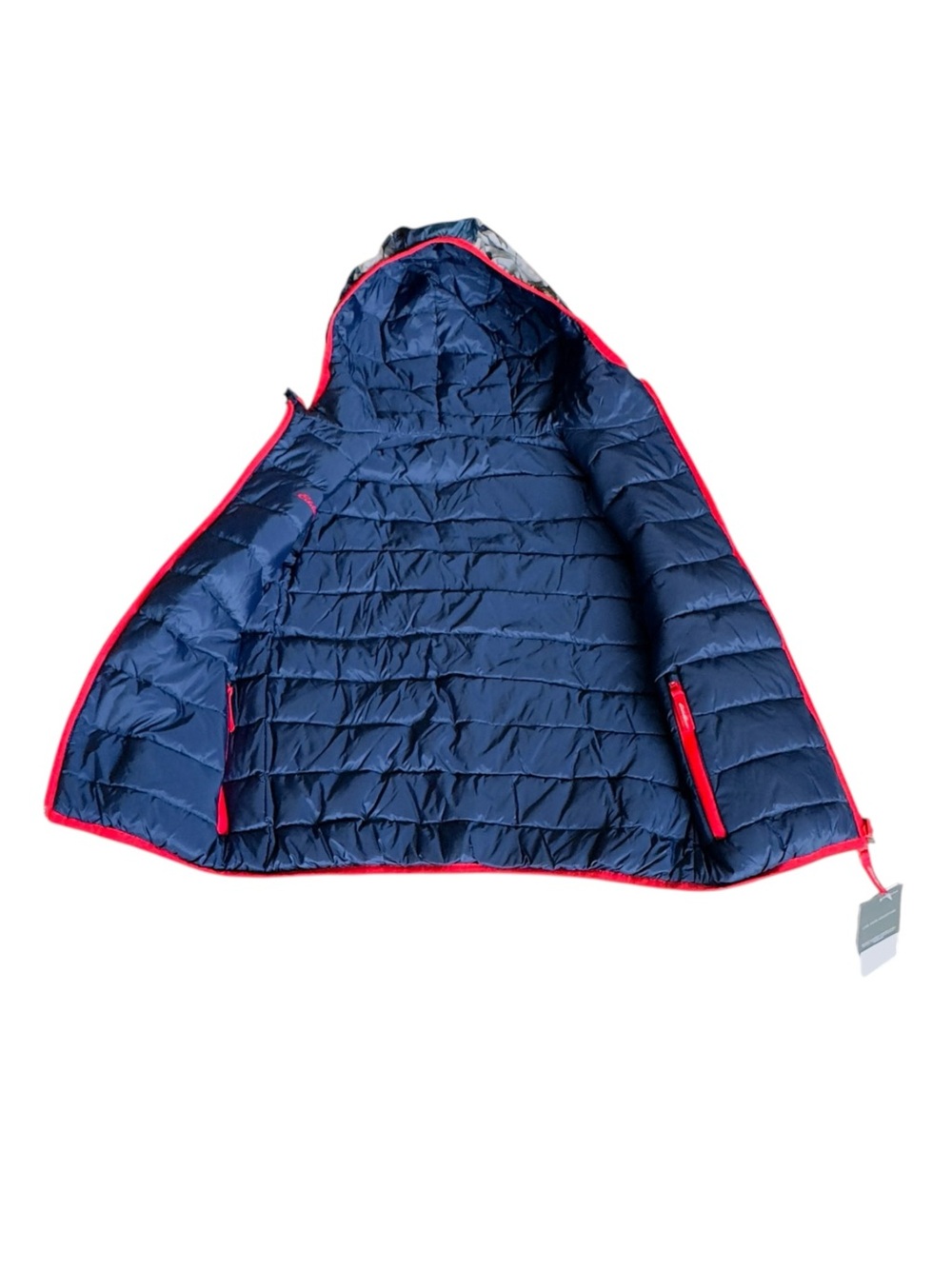 Eddie Bauer Kids Reversible Puffer Jacket in Navy and Camo with Red Trim - Picture 5 of 10
